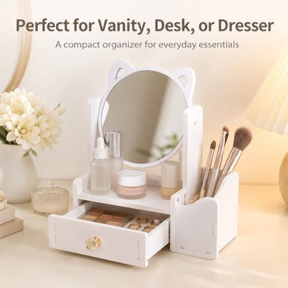 Desktop Makeup Mirror Organizer with Drawers, Compact Vanity Storage Box, Round Mirror, Cosmetic, Skincare and Jewelry