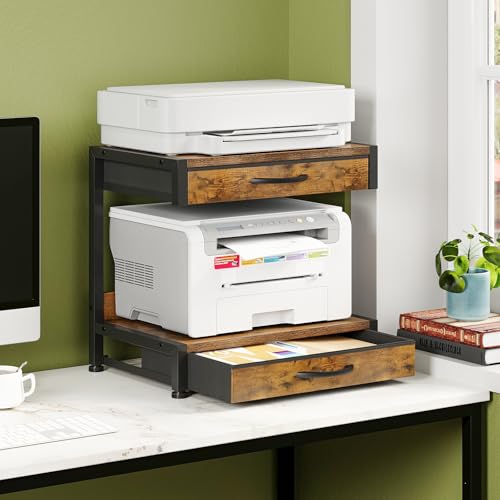 VENNQD 2-Tier Desktop Printer Stand with 2 Fabric Drawers, Prtiner Table with Storage Shelf, Desk Organizer for Home Office,3D Printer,Fax Machine,Scanner (Brown, 2 Tier) - color: Brown