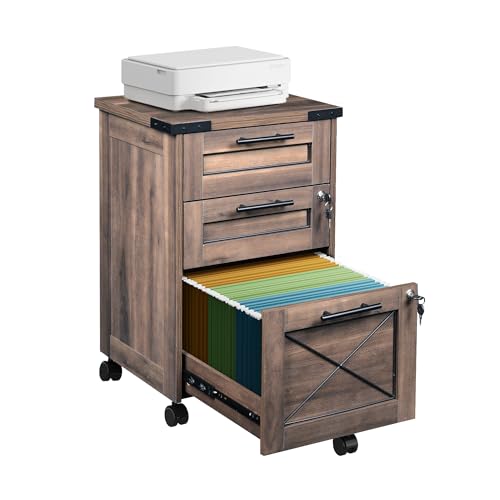 DEVAISE 3 Drawer Under Desk File Cabinet with Lock, Dark Brown | Farmhouse Style, Mobile Drawer Storage Cabinet, Rolling Printer Stand, Fits A4 or Letter-Size, Home Office - color: Dark Brown, style: 3 Drawer