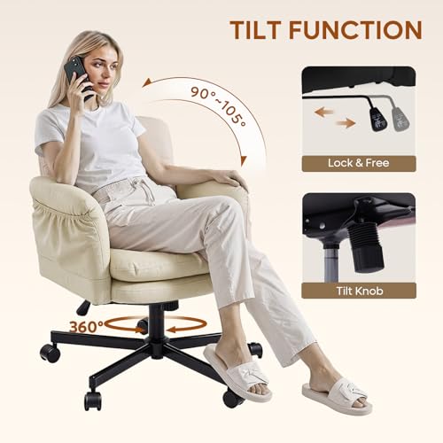 Bestier Criss Cross Chair with Flip-Up Arms, Comfy Wide Vanity Chair | Scratch-Resistant Pu Leather Computer Office Desk Chairs with Wheels 2 Side Pockets for Home Makeup Bedroom, Beige - color: Beige Pu Leather, size: Low Back