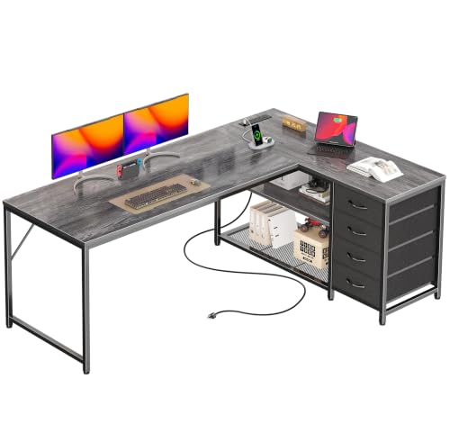 PRAISUN 61" L Shaped Desk with Power Outlets & 4 Drawers | Reversible Computer Desk with 2 Storage Shelves, Large Corner Office Desk for Gaming Writing Work Study, Grey - color: Grey, size: 61 Inch