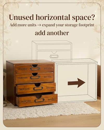 Modular Stackable Apothecary Cabinet 4 Drawer Desk Organizer - Retro Library Card Catalog Wood Storage Box - Organize Stationery, Thread Embroidery, Sewing, Crafts, Junk Drawer & Supplies Countertop - size: 4 Drawer