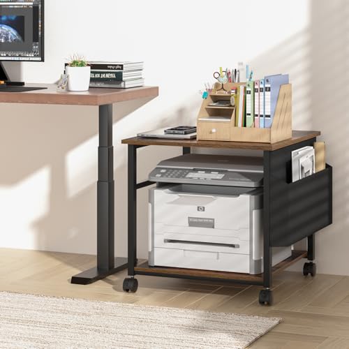 Lerliuo Brown Large Printer Stand with Storage | 23.6" W x 23.6" D x 22.8" H Printer Table for Home Office, Rolling Printer Cart Holder with Lockable Wheels & Side Pocket - color: Brown