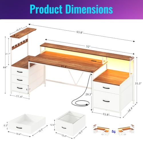 63" Computer Desk with Drawers, Storage Shelves and Printer Stand | Gaming Desk with Monitor Stand and LED Lights, Reversible Home Office Desk with Printer Shelf, Brown and White - color: Brown and White