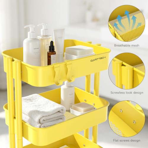 3 Tier Rolling Cart Metal Utility Cart with Lockable Wheels Home Office - color: Yellow, size: Small