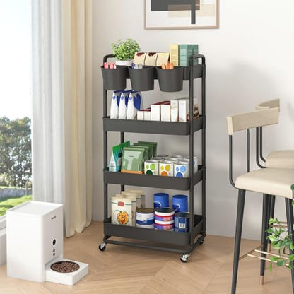 4-Tier Plastic Rolling Storage Cart Utility Cart with Extra Hanging Cups Handles Lockable Wheels for Living Room Bathroom Kitchen Office Black | Utility Cart with Extra Hanging Cups Arc-Shaped Handles Lockable Wheels for Living Room Bathroom Kitchen Offic