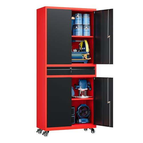 Metal Garage Storage Cabinet with Locking Doors and Adjustable Shelves,- 73" Rolling Tool Storage Cabinet with 4 Wheels and 1 Drawer for Garage,Warehouse (Red Black) - color: Red Black, size: 4 Wheel - 1 Drawer - 73"H