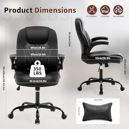 Leather Office Chair Swivel Lumbar Support for Short People Black - color: Black