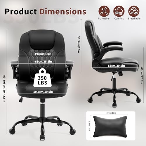 Leather Office Chair Swivel Lumbar Support for Short People Black - color: Black