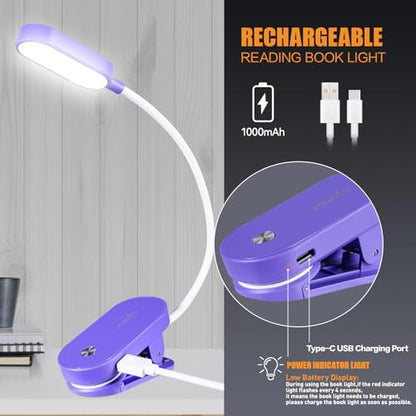 VAVOFO Rechargeable Book Light, 14 LEDs Eye Care Clip On Amber Reading Light for Bookworms Reading in Bed with 9 Colors 9 Brightness (Dark Purple) - color: Dark Purple