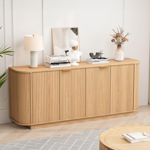 63" Sideboard Buffet Cabinet with Storage, Fluted Buffet Credenza with Adjustable Shelves, Mid Century Sideboards with 2 Doors, Modern Accent Console Cabinets for Living Room, Natural - color: Natural-63"l 2 Doors