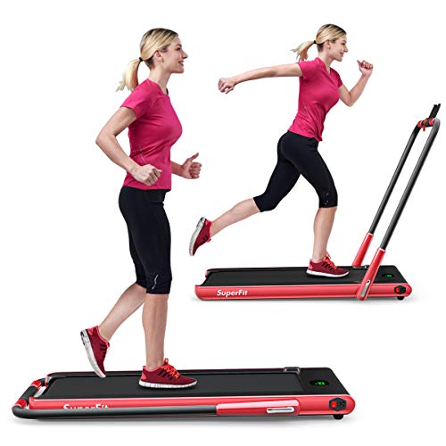 GYMAX Walking Pad, 2 in 1 Free Installation Under Desk Treadmill with Smart App, Remote Control & LED Display, 2.25HP Foldable Portable Compact Running Machine for Small Spaces Home Office - color: Red