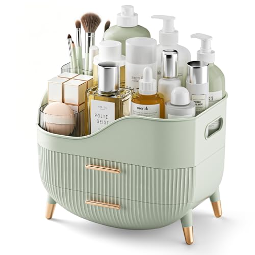 Pajiriona Makeup Organizer with Drawers, Green Skincare Organizer for Vanity, Storage Box with Handle, Large Cosmetic Display Case for Dresser, Bathroom Countertop - color: Sage Green