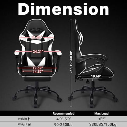 Gaming Chair with Footrest and Lumbar Support, Height Adjustable Chair with 360°Office Desk Chair,Heavy Duty 330lbs Computer Chair for Adults - color: White & Black