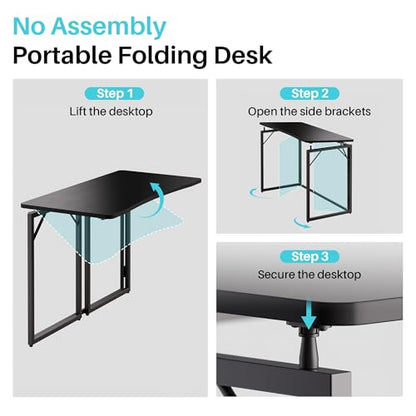 JOYMOOP 47.2" Black Folding Desk, No Assembly, Wooden Top, Large Size - color: Black, size: 47.2" Width