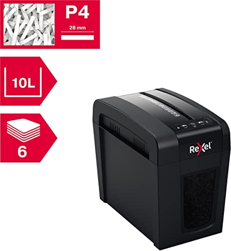 Rexel X6-SL Whisper-Shred Cross Cut Shredder, Shreds 7-6 (70-80 g/m2) Sheets, P4 Safety Class, Home/Home Office, 10L Waste Basket, Quiet and Compact, 2020125