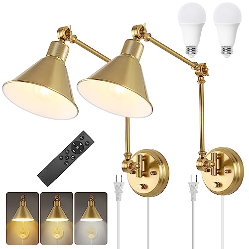 TRLIFE Wall Sconce with Remote Control, Brushed Brass Plug in Wall Sconces Dimmable and Adjustable Color Temperature 2700K-6000K, Swing Arm Wall Lights with Plug in Cord, UL Listed(2 Pack, 2 Bulbs) - color: Gold, size: 2 Pack- (Remote+Bulbs)