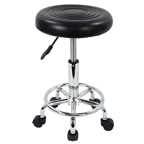 KKTONER PU Leather Modern Round Rolling Stool with Footrest Height Adjustable Spa Drafting Salon Tattoo Work Massage Stools Task Chair Small (Black) - color: Black
