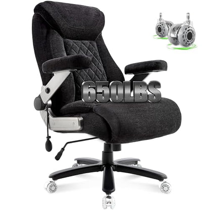 650lbs Big and Tall Office Chair with Thick Spring Cushion,5D Flip Arm Ergonomic Executive Office Chair Adjustable Lumbar Airbag&Extra Wide,Comfy Large Padded Heavy Duty Game Chair,Blackcloth - color: Blackcloth