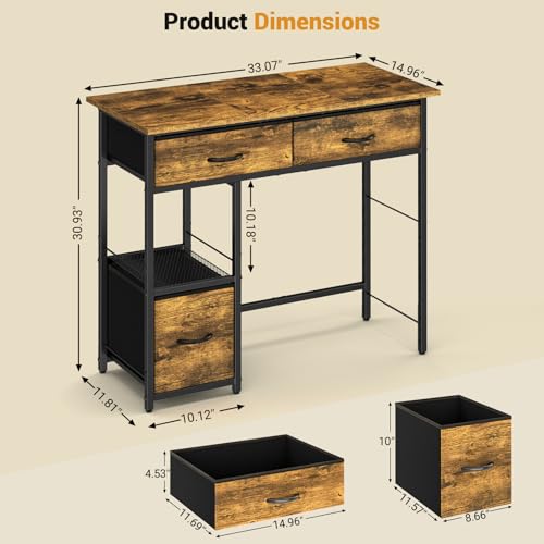 3IngSeagulls 33 Inch Small Computer Desk with Fabric Drawers, Home Office Desk with Storage Shelf, Compact Desks for Small Spaces, Teen Study Table for Bedroom, Rustic Brown