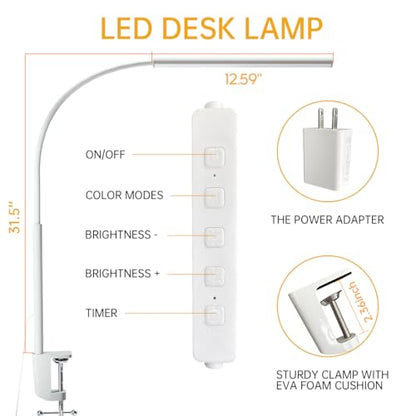LED Desk Lamp with Clamp, 1200 Lm Eye-Caring Desk Light for Home Office,Pro - color: White, size: Plus