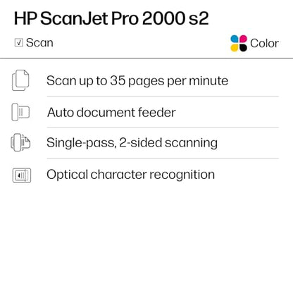 HP ScanJet Pro 2000 s2, Fast 2‑Sided Scanner with Auto Document Feeder, Best for Small Business (6FW06A)