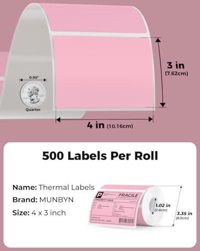 MUNBYN 4x3 Thermal Labels, 500 Sheets/1 Roll, Pink - color: Pink, size: 4x3"