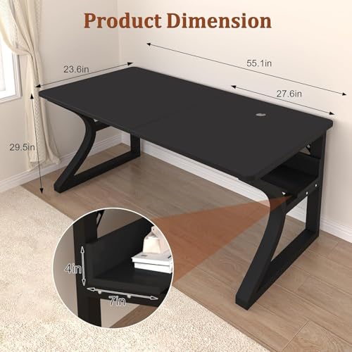 55'' Computer Desk w/Storage & Cable Management, Home Office Desk w/Sturdy U-Shaped Metal Frame & Water-Resistant Scratchproof Surface, Study Writing Desk for Office & Bedroom, Black - size: 55inch-Black