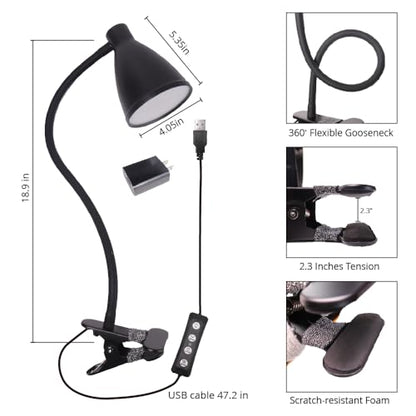 GlowVibe Desk Lamp 3 Color Modes 10 Brightness Dimmer Reading Light 10W 40 LED Clamp Lamp 360° Flexible Neck Clip on Light for Bedroom and Office Home Lighting, AC Adapter Include - color: Black