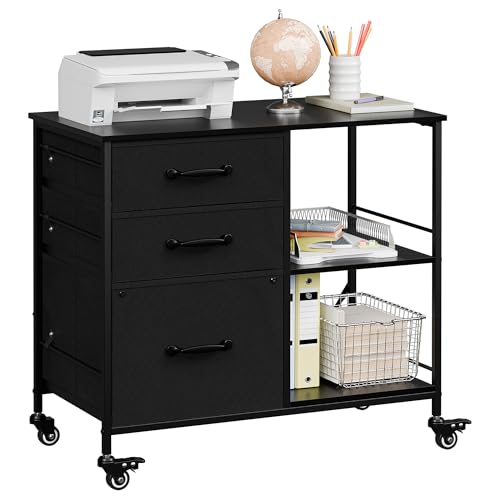 ZENY Lateral File Cabinet with 3 Drawers, Mobile File Cabinet Printer Stand, Rolling Fabric Lateral Filing Cabinet for Office Home Small Space (Black) - color: Black