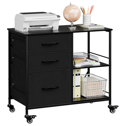 ZENY Lateral File Cabinet with 3 Drawers, Mobile File Cabinet Printer Stand, Rolling Fabric Lateral Filing Cabinet for Office Home Small Space (Black) - color: Black
