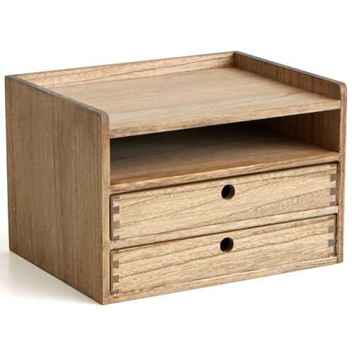 KIRIGEN Wooden Desk Organizer with 2 Drawers and Top Tray, Brown 3D2C-DBR | Three-Tier Desktop Storage Cabinet Stores Papers, Office Supplies, Cosmetics, Crafts, and Small Accessories for Home Office - color: Dark Brown, size: 3 layer-2 drawers