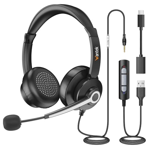 Wantek USB & 3.5mm Headset with Mic for PC/Laptop,Wired Headset with Noise-Cancelling Microphone & Audio Controls Perfect for Home Office Online Class Skype Zoom Call Center Webinar,All Day Comfort