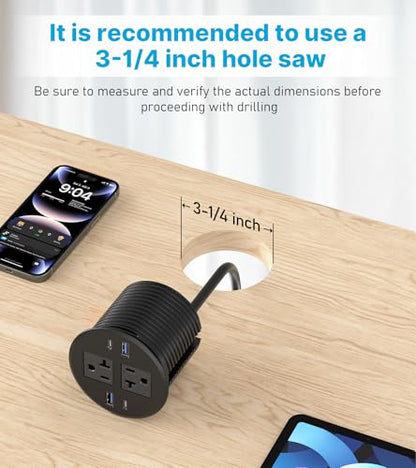 CCCEI 3.15 inch Power Grommet with USB Ports, Office Desk Hole Round Recessed Outlets, Flush Mount, Furniture Hidden High Amp Plug Station, Black, 10FT Extension Cord. - size: 10FT