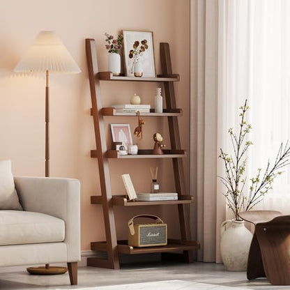 AQIMUELE Walnut Wooden Ladder Shelf with Edges, 5-Tier Modern Leaning Bookshelf Ladder – Stylish Space-Saving Bookcase for Living Room, Bedroom & Home Office - color: Walnut, size: 5-Tier