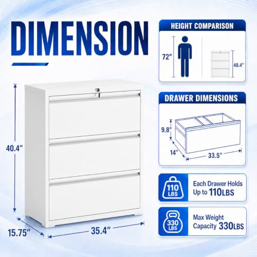 3 Drawer File Cabinet with Lock, Metal File Cabinet, White - color: White, size: 40.4"H - 3 Drawer