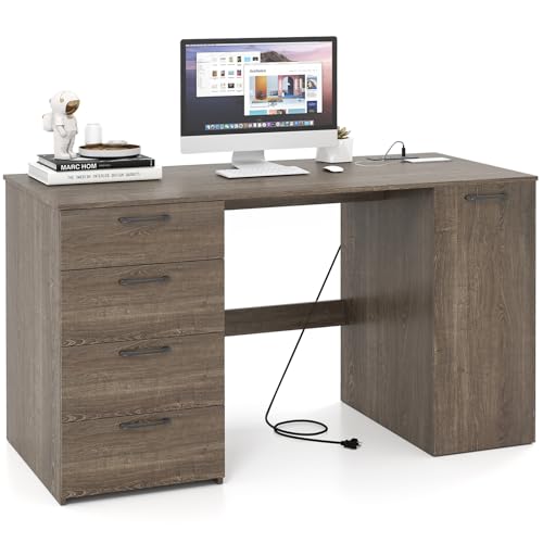 Tangkula 53" Computer Desk with 4 Storage Drawers & Cabinet, Home Office Desk with Charging Station, 5-Level Adjustable Shelf & Cable Management Hole, Writing Study Desk, Modern Executive Desk (Grey)