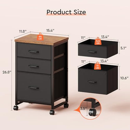 Maihail 3 Drawer File Cabinet with Wheels with Open Storage Shelf, Rustic Brown - color: Rustic Brown