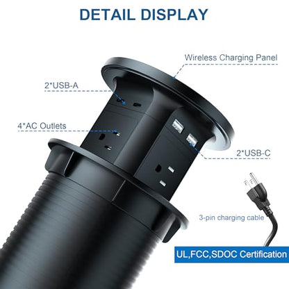 9-in-1 Pop-Up Outlet with Wireless Charging for Kitchen & Office | 9-in-1: 4 AC + 4 USB + wireless charging. 2500W, 100-240V. 4-1/8" cutout. Hidden hub for kitchen, office, conference table - color: Black