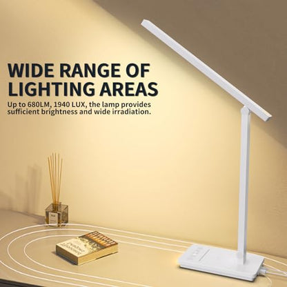 10 in 1 Smart Desk Lamp Led, Desk Light for Colleage Drom Room Office, Eye-Caring Table Lamp with Night Light, Lamp for Desk with 10W Wireless Charger, Dimmable Touch Lamp, Birthday Gifts for Women - color: White-Pro
