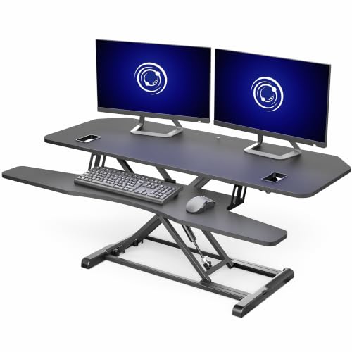 VIVO 48" Extra Large Corner Desk Riser, Pneumatic Sit-Stand Desk Converter, Dual Monitor Keyboard Tray, Grommet, Cable Management, Anti-Slip, Black, DESK-V048KL - size: 48"