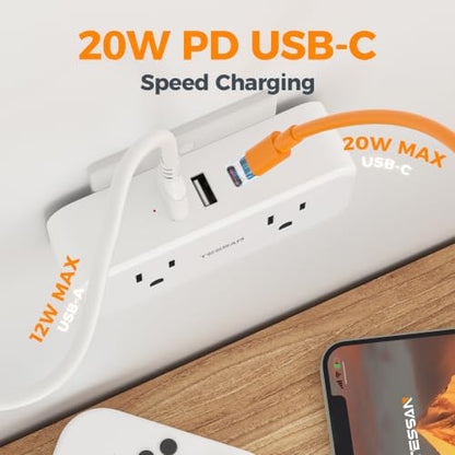 TESSAN 20W PD Wall Outlet Extender, Multi Plug Mini Wall Expander, White - color: White with 20W PD, size: 7 Outlets