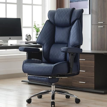 EXCEBET 400lbs Big and Tall Executive Office Chair, Blue PU Leather | Retractable footrest, 135° recline, Lumbar support, Ergonomic high back, Heavy-duty design, Thick cushion, Padded armrests - color: Navy Blue