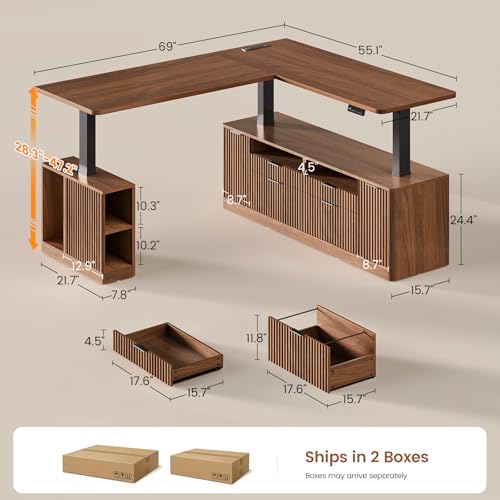 SEDETA Fluted L Shaped Executive Electric Standing Desk with 4 Drawers | 69" x 55" Height Adjustable Office Desk with Storage Shelves, Power Outlet, Sit Stand Computer Desk, Brown - color: Brown