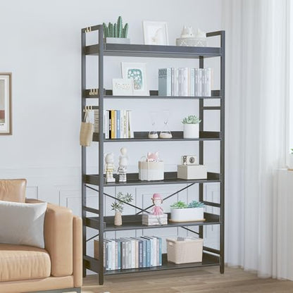 HCHQHS Bookshelf, Adjustable Industrial Bookcase, Vertical Tall Book Shelf, Wood and Black Metal Open Bookshelves for Home Office, Living Room, Bedroom (Black, 6-Tier (31" W x 70" H)) - color: Black, size: 6-Tier (31"W x 70"H)