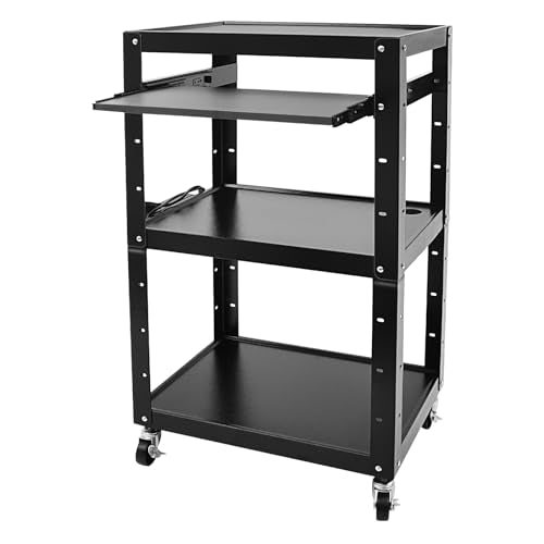 AV Cart with Wheels and Power, Mobile Computer Cart Workstation | 4 Tier Storage, Locking Wheels, Power Outlet & USB Ports,Steel Utility Cart for Office Classroom Warehouse - size: 24x18x42in
