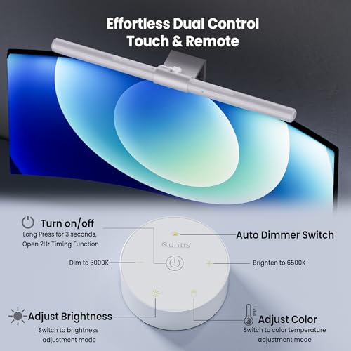 Quntis Monitor Light Bar Pro White, Eye-Care No Glare USB Computer Lamp, Stepless Dimming & Auto-Dimming Brightness, Dual Control, Modern Aesthetic Space Saving Desk Accessories Office Gaming Reading - style: ‎ScreenLinear Pro White