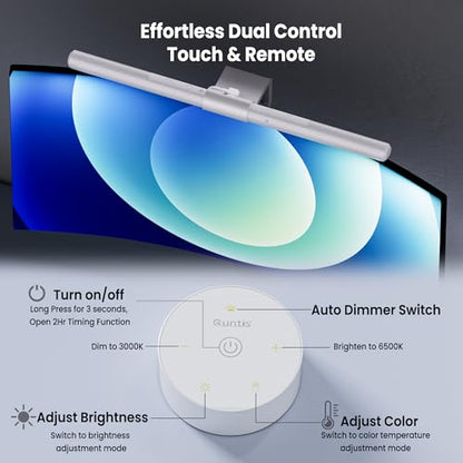 Quntis Monitor Light Bar Pro White, Eye-Care No Glare USB Computer Lamp, Stepless Dimming & Auto-Dimming Brightness, Dual Control, Modern Aesthetic Space Saving Desk Accessories Office Gaming Reading - style: ‎ScreenLinear Pro White