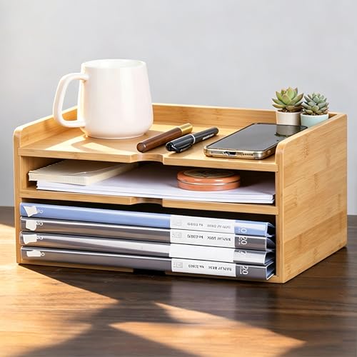 Bamboo Desk File Organizer, Stackable A4 Paper Tray Mail Holder for Office | Bamboo Desktop Storage, No Assembly,Letter Document Sorter, Wooden Stationery Workspace Organizer, Vertical or Horizontal - color: Natural Bamboo Color