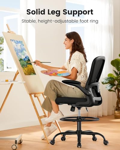 ErGear Drafting Chair with Footrest Ring and Flip-Up Arms for Tall Desks | 8 inch seat height adjustment, lumbar support, 33% thicker seat, breathable mesh, 300 lbs capacity, standing desk use - color: Black
